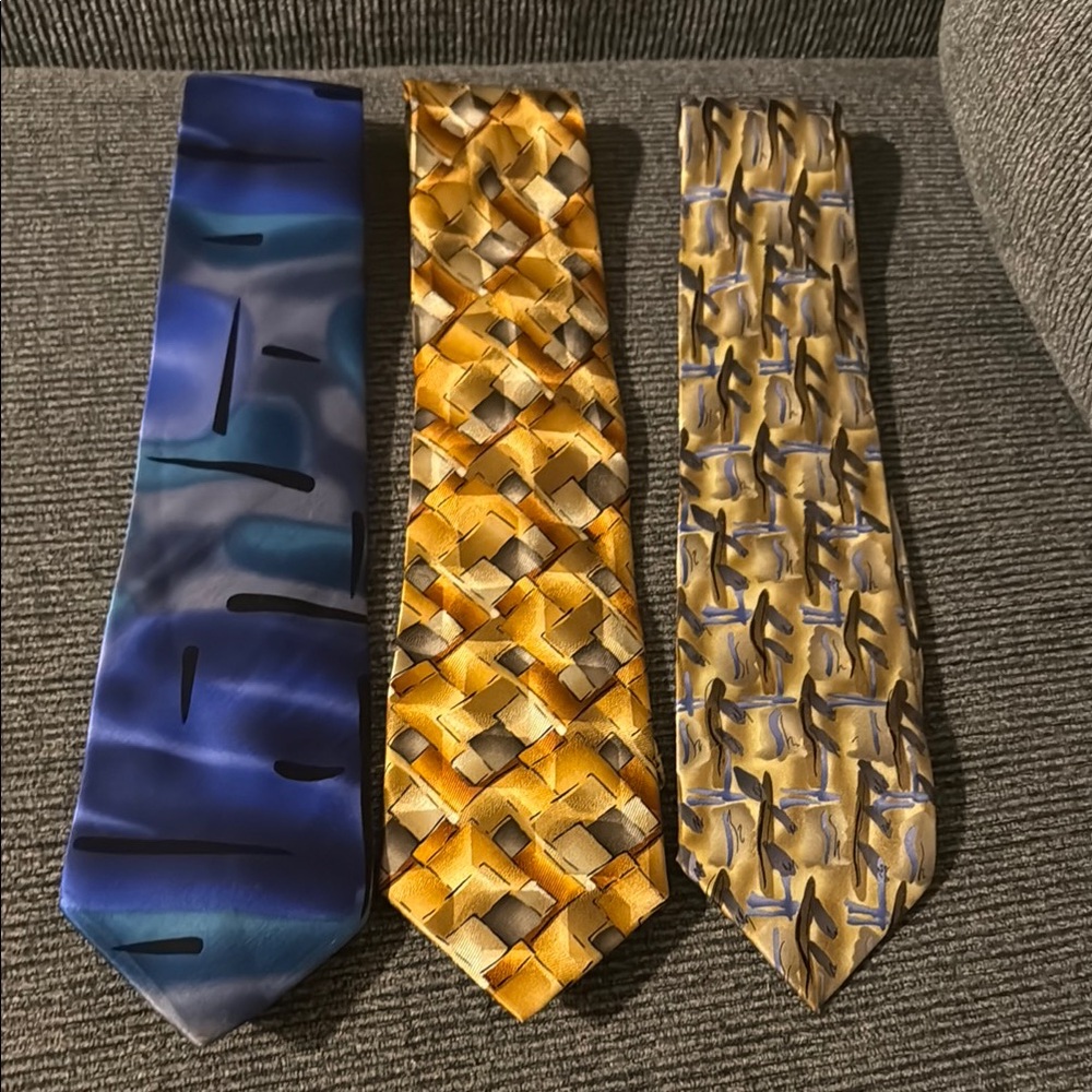J. Garcia Silk Ties in Blue and Gold with Geometric Patterns